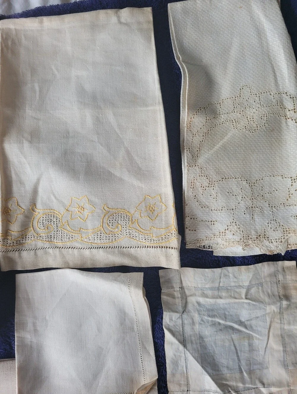 Source Unknown Cream and Blue Vintage Embroidered Table Linens Lot
